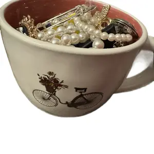 Jewelry Jar #300 - cup with Bicycle and Flower Basket containing jewelry