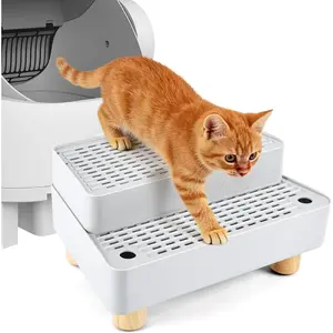 Adjustable 2 Steps Litter Box Ramp, Cat Litter Catcher Mat with Wooden Feet, Filter Function, Litter Box Step for Small & Elderly Cats, Fits Automatic Litter Boxes (Light Grey)
