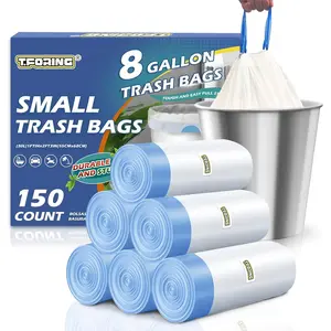 150 Count 8 Gallon Drawstring Trash Bags - 1.2 Mil Heavy Duty Medium Unscented Garbage Bags, 30 Liter Thick Plastic Trash Can Liners for Home Kitchen Bathroom