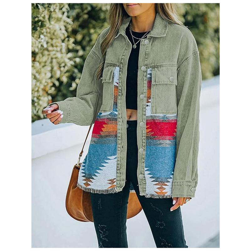 Women'S Vintage Western Jeans Jacket - Long Sleeve Button-front coat with, Non-Symmetric Patchwork design in Blue/Red/Beige/Black/White/Gray/, Mid-Length Transitional Jacket for Spring/Fall Casual Formal Outfits - Retro Western Style Outerwear, Denim Jack