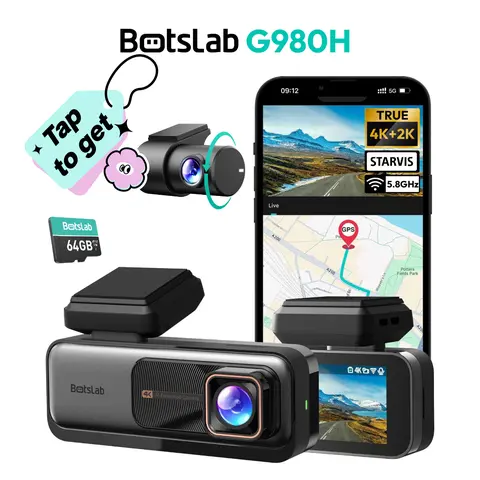 Botslab 4K Front & Rear Automotive DVR Camera with 170° Ultra-Wide Coverage, ADAS Night Vision, IMX415 Sensor, WDR, 64GB SD Card, 5G WiFi GPS, Wi-Fi, GPS, Loop Recording, 24/7 Parking Support, License Plate Reading