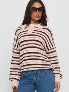 Sweet Lazy Style Loose Striped Knit Polo Sweater Women, Spring Retro Collar Button Long Sleeve Knit Cardigan, Valentine's Day Soft Gentle Style Outer Top, Academic Casual Versatile Piece, Knitwear