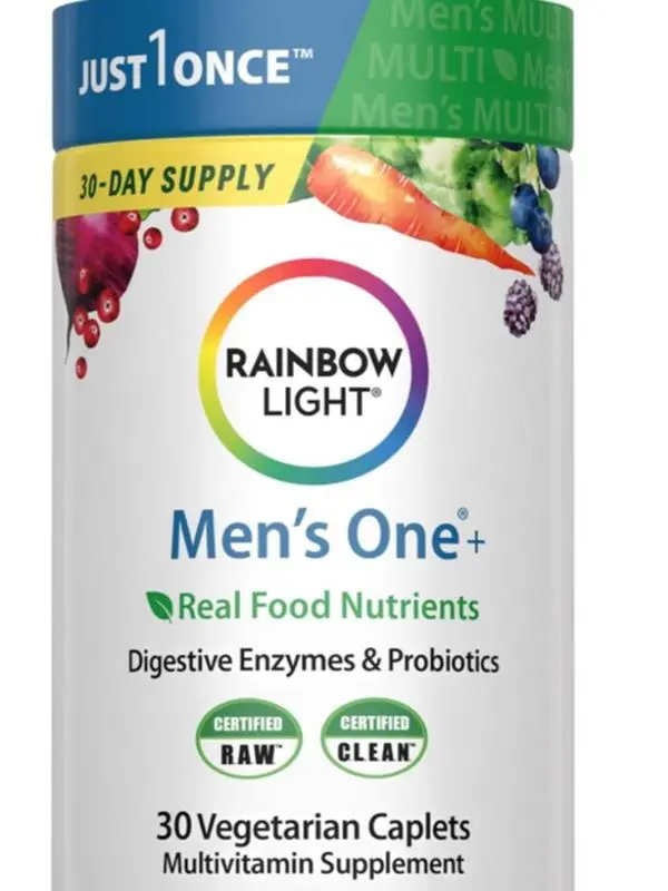Rainbow Light Mens Multivitamin One + | 30 Caplets | Real Food Nutrients, Digestive Enzymes & Probiotics | Real Food Nutrients, Digestive Enzymes & Probiotics