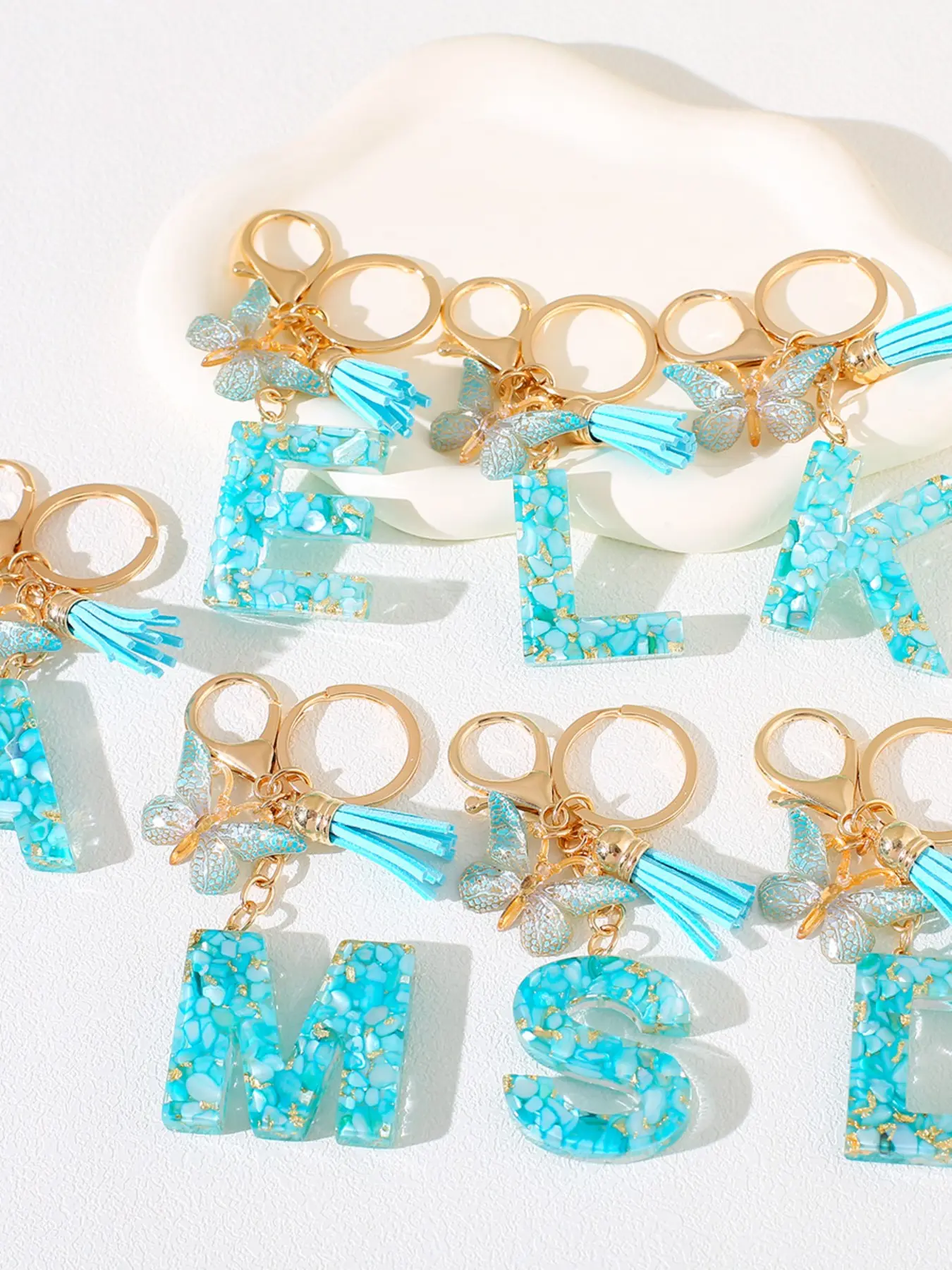 New Blue Butterfly Letter Keychain for Bags, Unique Butterfly Letters, Resin Alphabet Shape Keyring with Tassel Bag Decoration, Women's Gift, Casual Style, Tassel Decorated Keychain