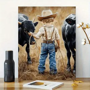 1 Piece Western Cowboy Boy Wall Decoration Painting with Frame-Country Style Wooden Frame with Blue Jeans and Lasso Pattern, Suitable for Farmhouse Style Living Room, Bedroom, Kitchen Western Decoration-Wooden Frame Hemmed Canvas Cow Decorative Painting