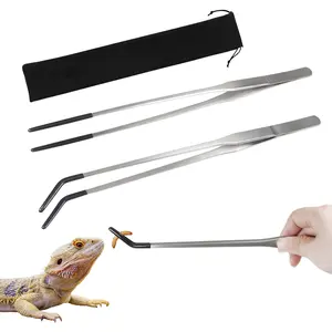 2 count Stainless Steel Reptile Feeding Tongs with Rubber Tip, 10.6" Straight and Curved Long Tweezers Terrarium Aquascape Tools Feeder for Lizards, Bearded Dragon Snake Enclosure Tank Accessories