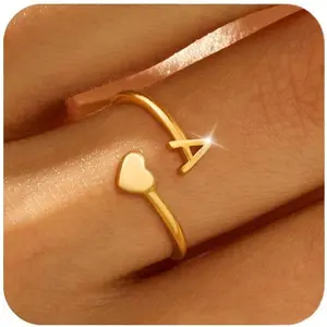 Gold Initial Rings for Women Non Tarnish 18K Gold Plated Heart Initial Stackable Rings Adjustable Pinky Rings for Women Cute Dainty Alphabet Capital Letter Rings Jewerly Gift