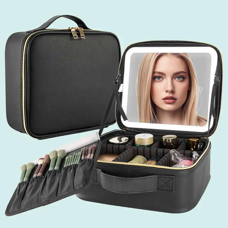 LESHARE Lighted Makeup Case, Multi-Function Toiletry Travel Bag with Rechargeable LED Mirror, Built-in Organizer Dividers, Shoulder Strap & Trolley Sleeve, Batteries