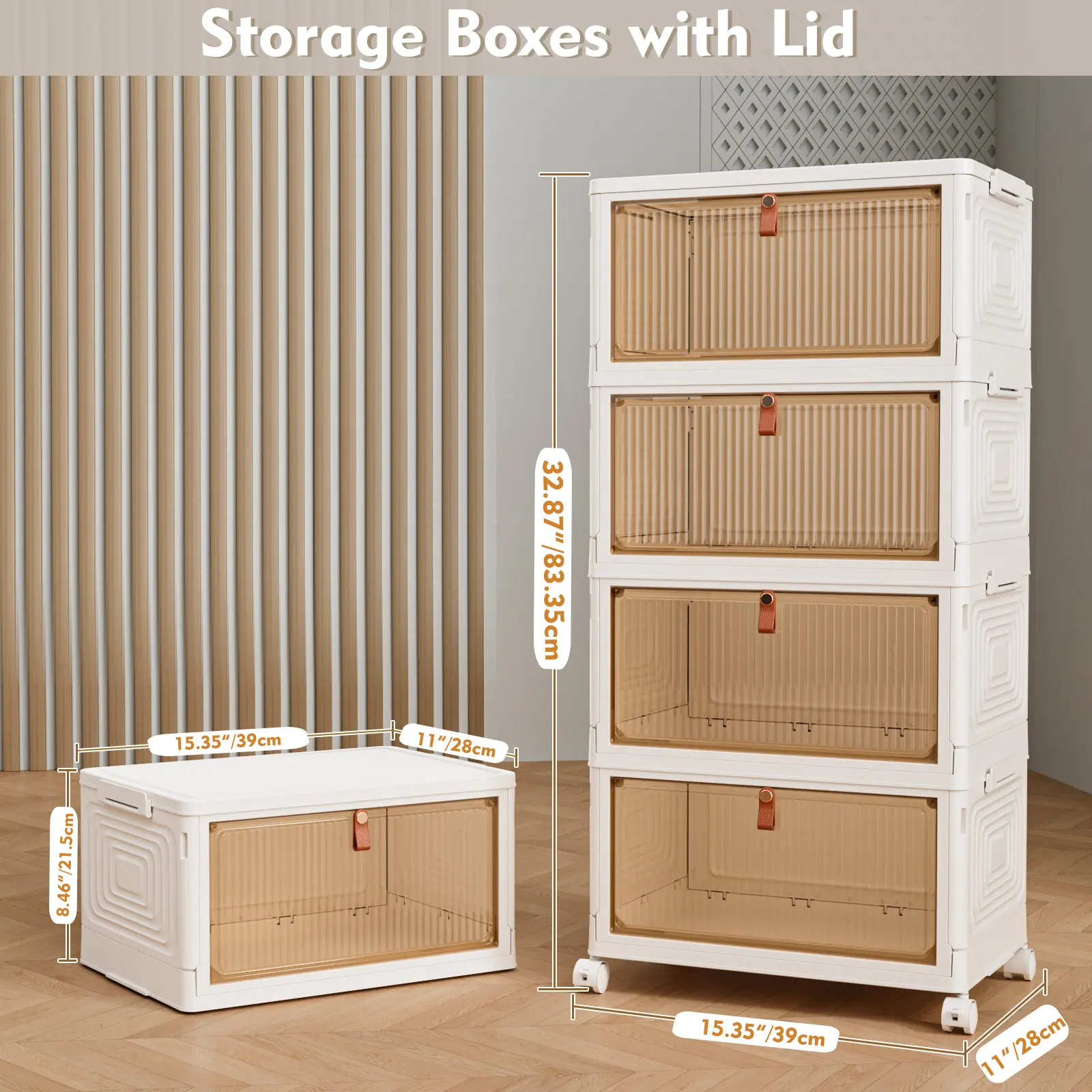 4 Tier Plastic Storage Bins with Lids, Stackable Storage Containers with Wheels, Folding & Collapsible Storage Boxes for Closet, Living Room, Kitchen & Office, Rollable Space-Saving Organizer with Lid, Dorm Essentials, Home Decor Storage