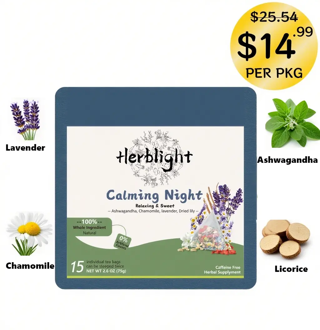 Herblight Calming Night Herbal Tea-Sleep Support Stress Relief | Ashwagandha, Chamomile, Lavender& Licorice| Caffeine Free | Pure Natural, No flavors