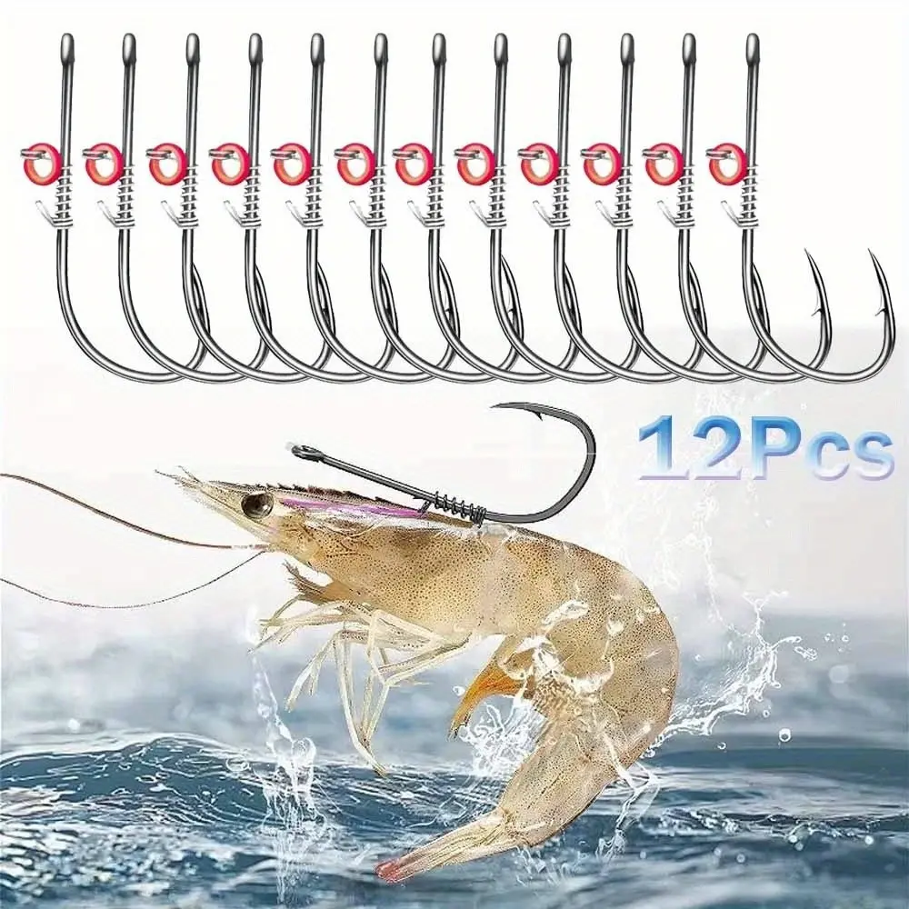12-Piece Set of Shrimp Fishing Treble Hooks with Spring Mechanism - Made of Durable TPR and Carbon Steel, in Various Sizes(Size 4) - Perfect for Live Baits, Rock Fishing and Sea Fishing, Fishing Tackle, Outdoor Fishing Equipment, Fishing Supplies