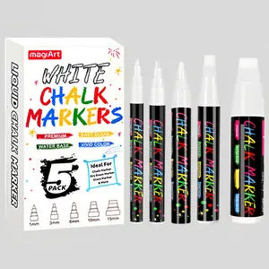 White Liquid Chalk Marker Pen - 5 Wet Erase Chalkboard Markers for Blackboard Signs Windows Glass Reversible Tip Fine Tip 0.7MM 3MM 6MM 10MM 15MM Bright White Ink Non-Toxic