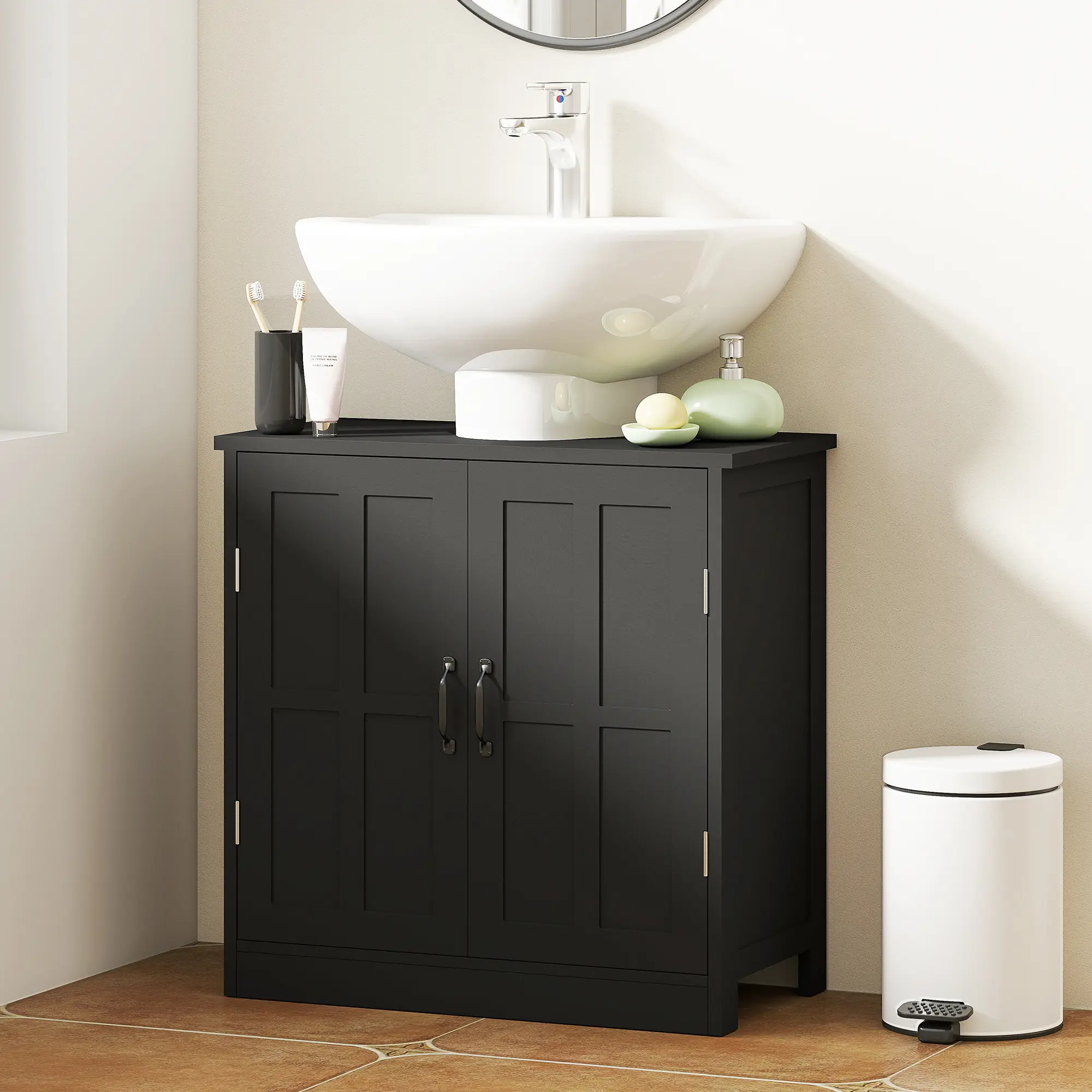 U-Shaped Pedestal Sink Cabinet – Fits Neatly Around Pedestal or Wall-Mounted Sinks. Adjustable Shelf for Custom Storage. Double Doors Keep Items Dry. Water-Resistant Particle Board. Holds 44 lbs. Black