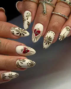 Handmade Romantic Gold-Red Heart Press-On Nails - Elegant Almond Nail Set, Valentine’s Day Gift for Lovers