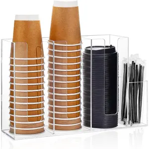 4 Compartments  Coffee Cup and Lid Storage Organizer Holder Disposable Paper Cup Dispenser Organizer Plastic Lid Holder Accessories for Kitchen Bar Shop Party Supplies(Transparent)