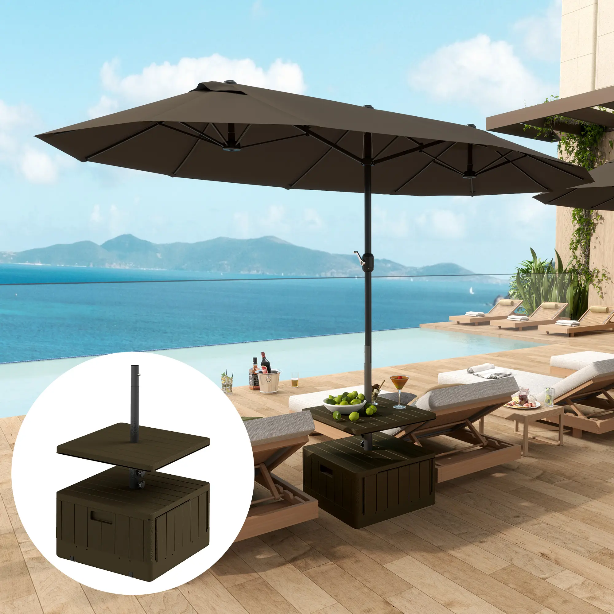 Brown 3-in-1 HDPE Plastic Square Umbrella Base - 20.9" L x 20.9" W x 17.7" H, 1 Adjustable Table Tray, 176 lbs Weight Capacity, Wheels, Handles, Fillable Design, Easy Setup, Garden Patio Use