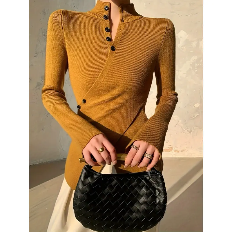 Women's Caramel Color Button Cross Design Long Sleeve Sweater Asymmetric Knitted Pullover for Daily Wear Minimalist Knitwear Womenswear