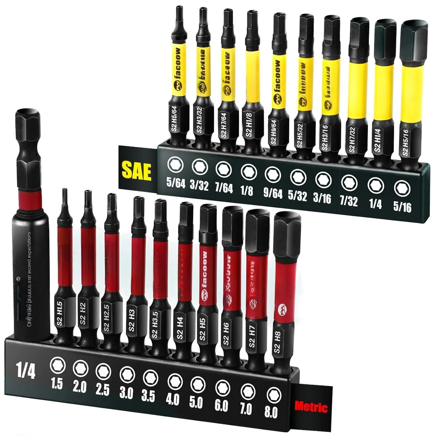 21 count  Hex Bit Set, 2" Long SAE & Metric S2 Alloy Steel Allen Wrench Drill Bits Set with  Tips, CNC Machined 1/4 Hex-Shank Allen Key Bits with Bit Holder & Storange Box