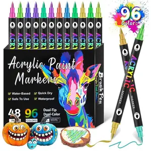 Acrylic Paint Markers Dual Tip Fine & Brush Nibs Non Toxic Waterproof Pigments for Rock Wood Canvas Glass Art Drawing Tools DIY Craft Supplies Gift Creative Tool for School Projects Classroom Activities School Essential Office Fun Brush Tip Color Marker
