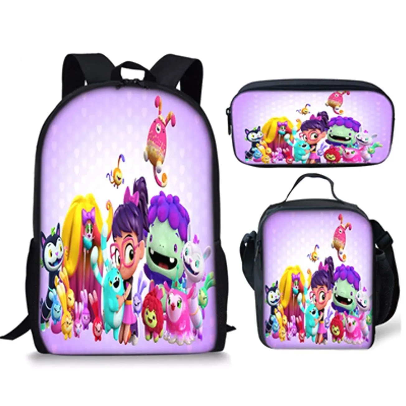 Pastel Creature Rescue Academy 3-in-1 Bookbag Set | Ergonomic Student Backpack Insulated Lunch Bag Pencil Case | Cute Gift for Kids
