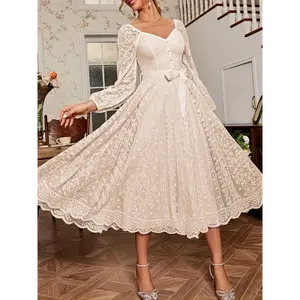Women's Elegant Vintage Lace V-Neck Long-Sleeve Polyester Gown - Belted Waist, Large A-Line Skirt, All-Season Chic Wedding Guest Dress