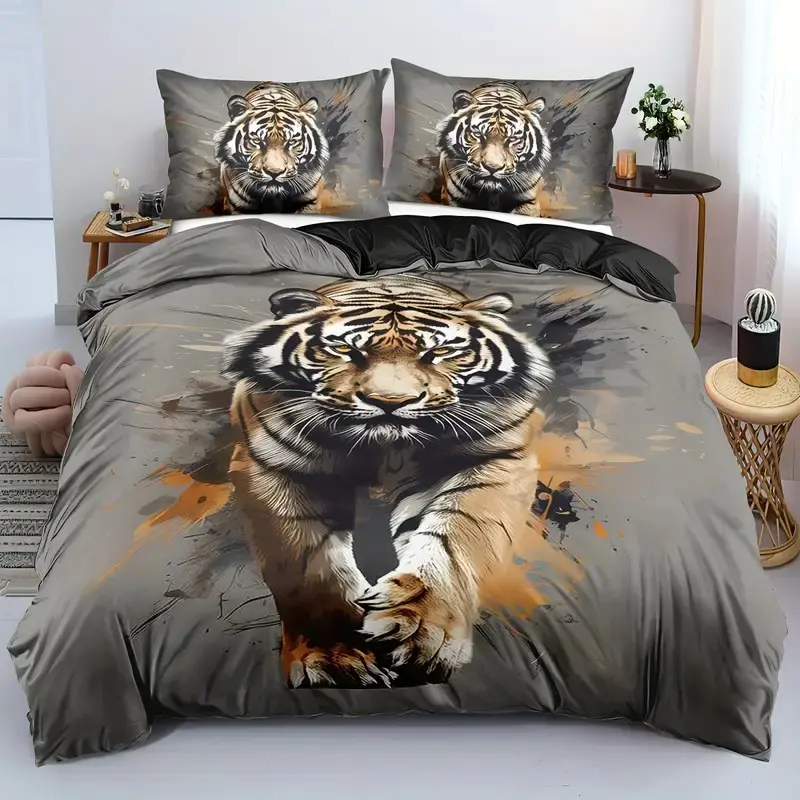 3 Piece Soft Comfortable Tiger Themed Queen Bed Linen Set, Large Duvet Cover with Tiger Pattern, Animal Print Bedding for Cozy Sleep, Soft Bedding Sets, Decorative Bedding Set