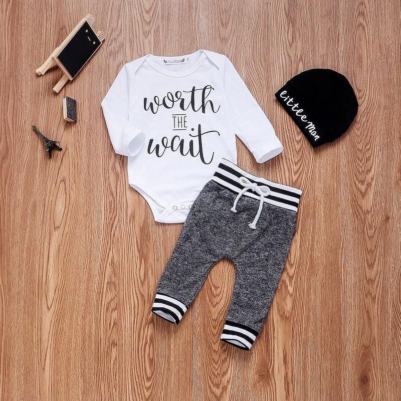 Baby Boys 3PCS Outfit Set, Long Sleeve Letter Pattern Envelope Neckline Romper, Long Straps Elastic Band Pants, Beanie Hat Set 0 3 6 12 24 Months