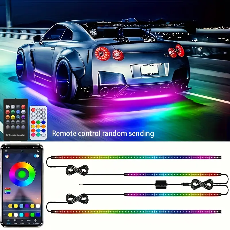 4 Pieces RGB Neon Car Underglow Lights Kit - 16 Million Color Options, Dynamic Chase, Wireless Remote Control, Simple Installation - Universal Fit for All Vehicles, LED Bottom Lighting
