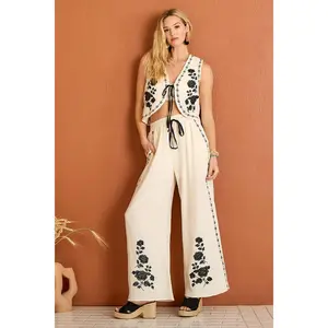 Embroidered Cotton Gauze Wide Leg Pants
