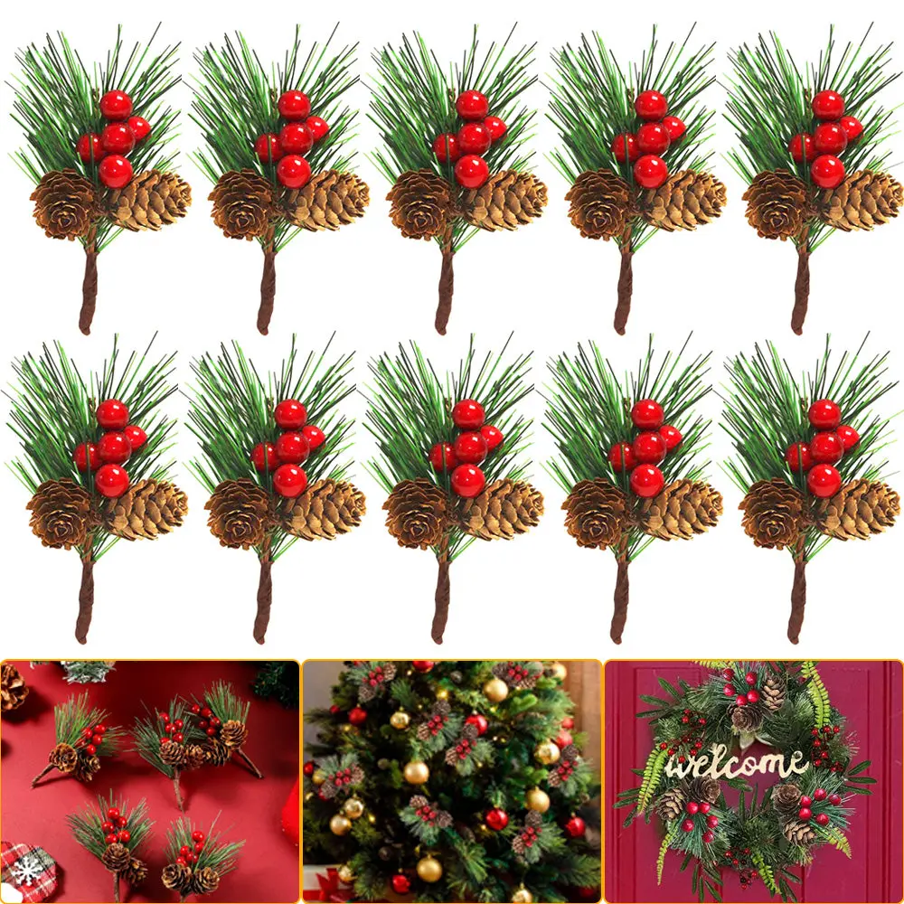 10Pcs Christmas Artificial Pine Picks Christmas Simulation Pine Needle Fake Mini Berries Pinecones For DIY Garland Flower Arrangements Holiday Wreaths Wedding Garden Xmas Tree Decorations
