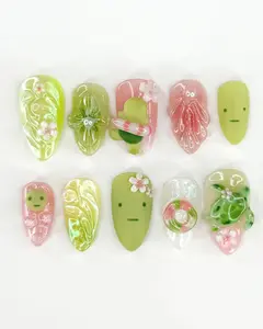 Nailchemy - Kawaii Smiski Beach Nails , Handmade Summer Press On Nails, Smiski Characters With Tropical Flowers Beach-Themed 3D Fake Nails