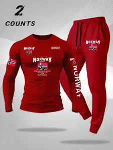 Men's Norway Theme Letter Flag Print Round Neck Shirt and Drawstring Pants Set, Casual Sport Long Sleeve Tee and Long Pants 2 Piece Set