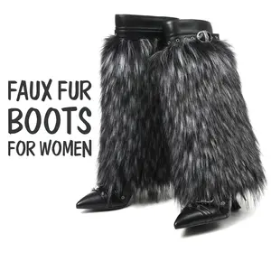 CELNEPHO Women's Pointed Toe Stiletto Kitten Heel Faux Fur Warm Black Boots Pointed Toe Rivets Metal Buckle Design Easy Pull-on Buckle Runaway Fold Over Boots for Party Cosplay Casual Outings Snow Knee High Tactical Walking Spring Shoes