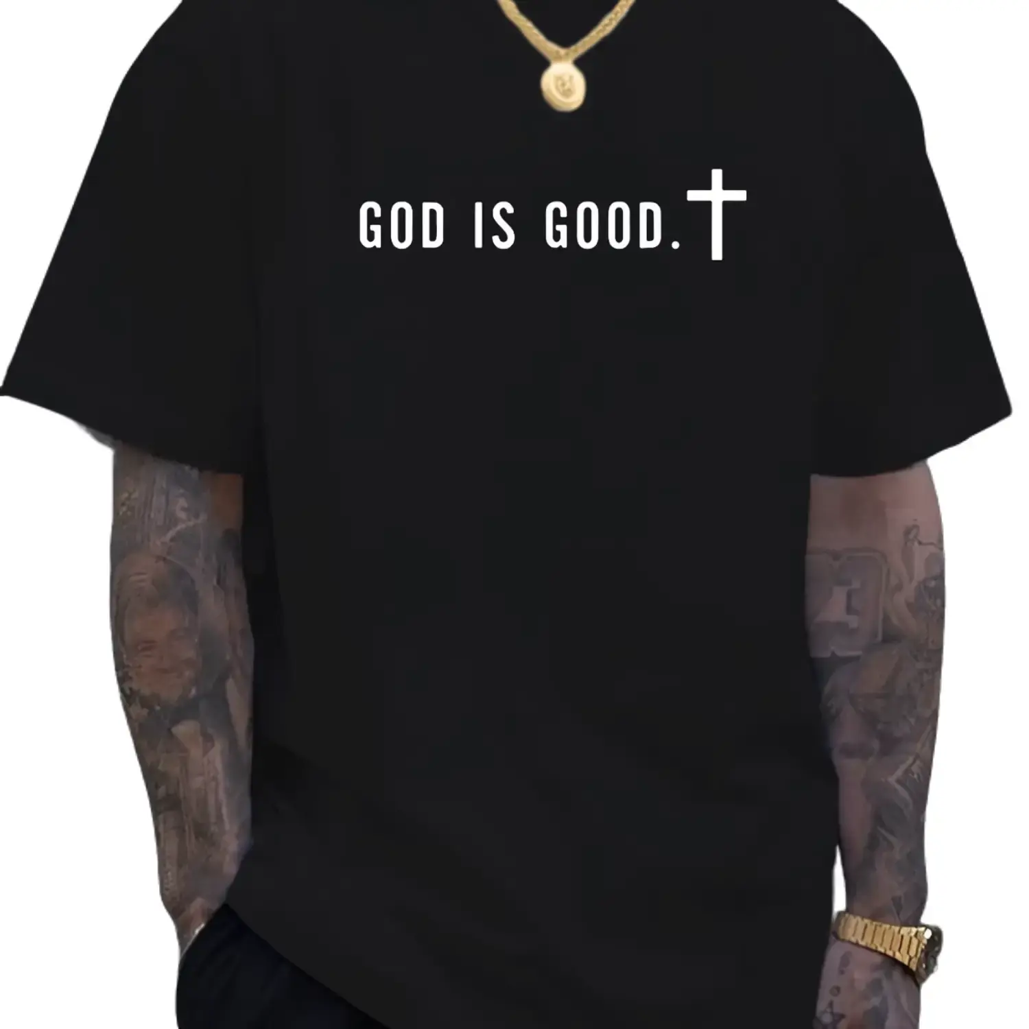 "Men's 'God is Good' Cross Graphic T-Shirt - Stylish Polyester Crew Neck Tee for Summer, Cool & Comfortable Casual Wear"
