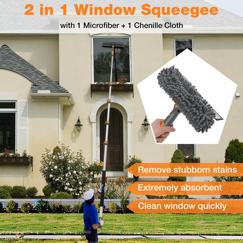Bestnifly 12Ft Window Squeegee with Extension Poles, 2-in-1 Window Cleaning Kit with Telescopic Pole, Extra-Large 14" Window Squeegee, Window Cleaner Tool with Adjustable Head, for High Window, Glass, RV