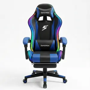SonicMOO Gaming Chair with RGB LED Lights, Footrest, Lumbar Support & Headrest - High Back Reclining Swivel Computer Chair