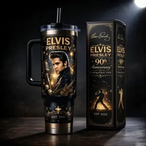 Elvis Presley Vintage Photo Collage Red Neon Logo Classic Rock Star Fan Gift Travel Mug 20 oz 40 oz Tumbler With Handle