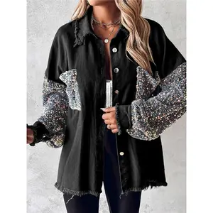 Women's Denim Patchwork Colorful Sequins Shirt Jacket, Cool Personal Style, Fringe Design, for Daily Wear, Streetwear, Parties