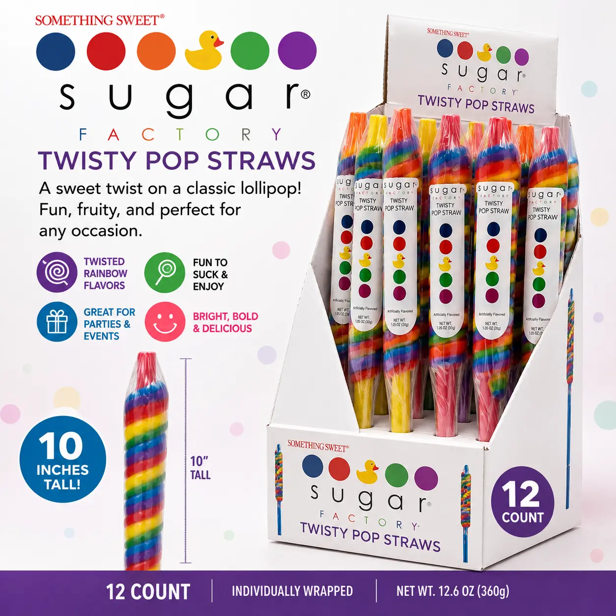 Sugar Factory Twist Lollipop Straw 10 Inch Tall 12 Count Colorful Candy Lollipops