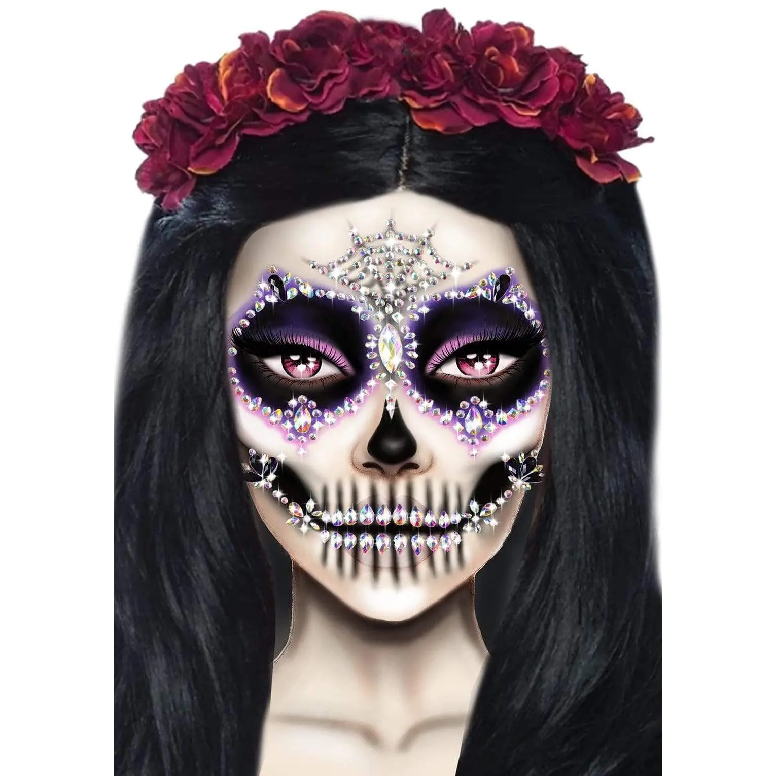 Calavera Skeleton Face Jewels Sticker, Traditional Sugar Skull Design, Iridescent, Skin-Friendly, Symmetric Layout Party Accessory