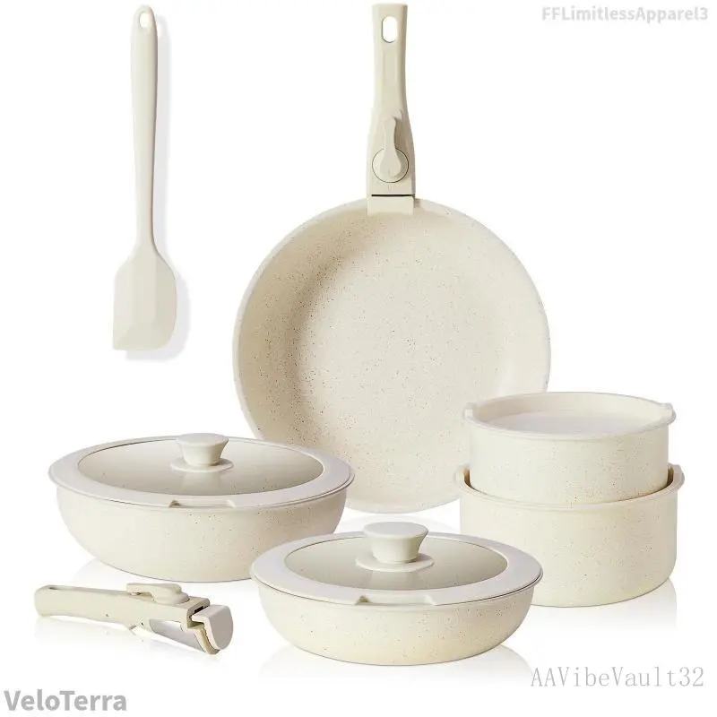 VeloTerra 12-Piece Nonstick Ceramics Pots and Pans Set - Kitchen Cookware with Removable Handles - Ideal for Home Cooking, Cream White, Twelve Pieces