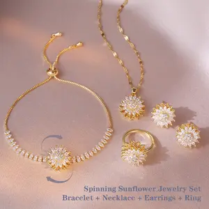Spinning Sunflower Jewelry Set, New Synthetic Crystal Sunflower Ins Ring Rotatable Clavicle Chain Jewelry, Bracelet + Necklace + Earrings + Ring