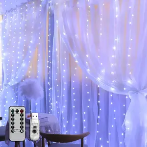 DAYBETTER 300LED Fairy Curtain Lights, 9.8x9.8Ft USB Plug-in 8 Modes Christmas String Hanging Lights with Remote for Bedroom Backdrop Wedding Indoor Wall Decor, White, Tangle-Free – 1 Pack