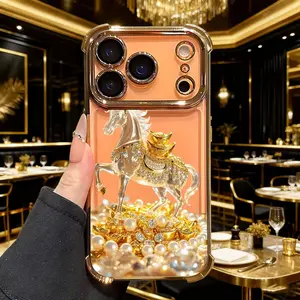 Crystal horse gold ingot decoration, anti drop and anti slip TPU full body lens phone protective case, suitable for iPhone 17 16 15 14 13 12 11 XS X and other series models, can be given as a gift to friends or family