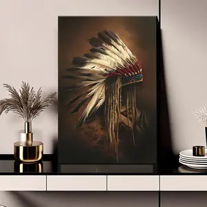 1pc Indian Feather Wall Art - Framed Wrapped Canvas Indian Headwear Portrait, Modern Bohemian Decor Suitable for Home, Office, Perfect Gift, Cultural Wall Decor (Wood Frame), 2D Flat, Perfect for Room Decor