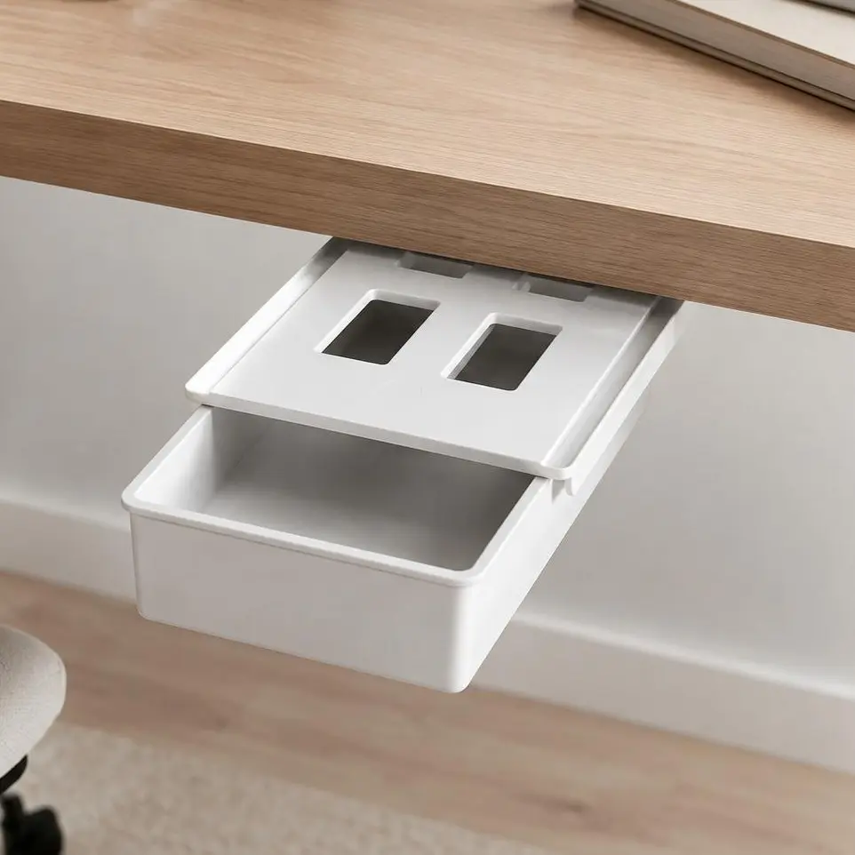 Under Desk Drawer Organizer, Self-Adhesive No-Drill Hidden Storage Box, Collapsible Pull-Out Tray for Office Desk, Table and Vanity