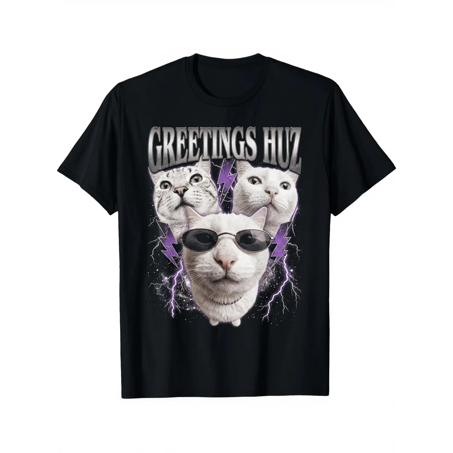 100% Cotton Greetings Huzz Cat Bootleg Funny Meme T-Shirt Unisex Clothing Streetwear