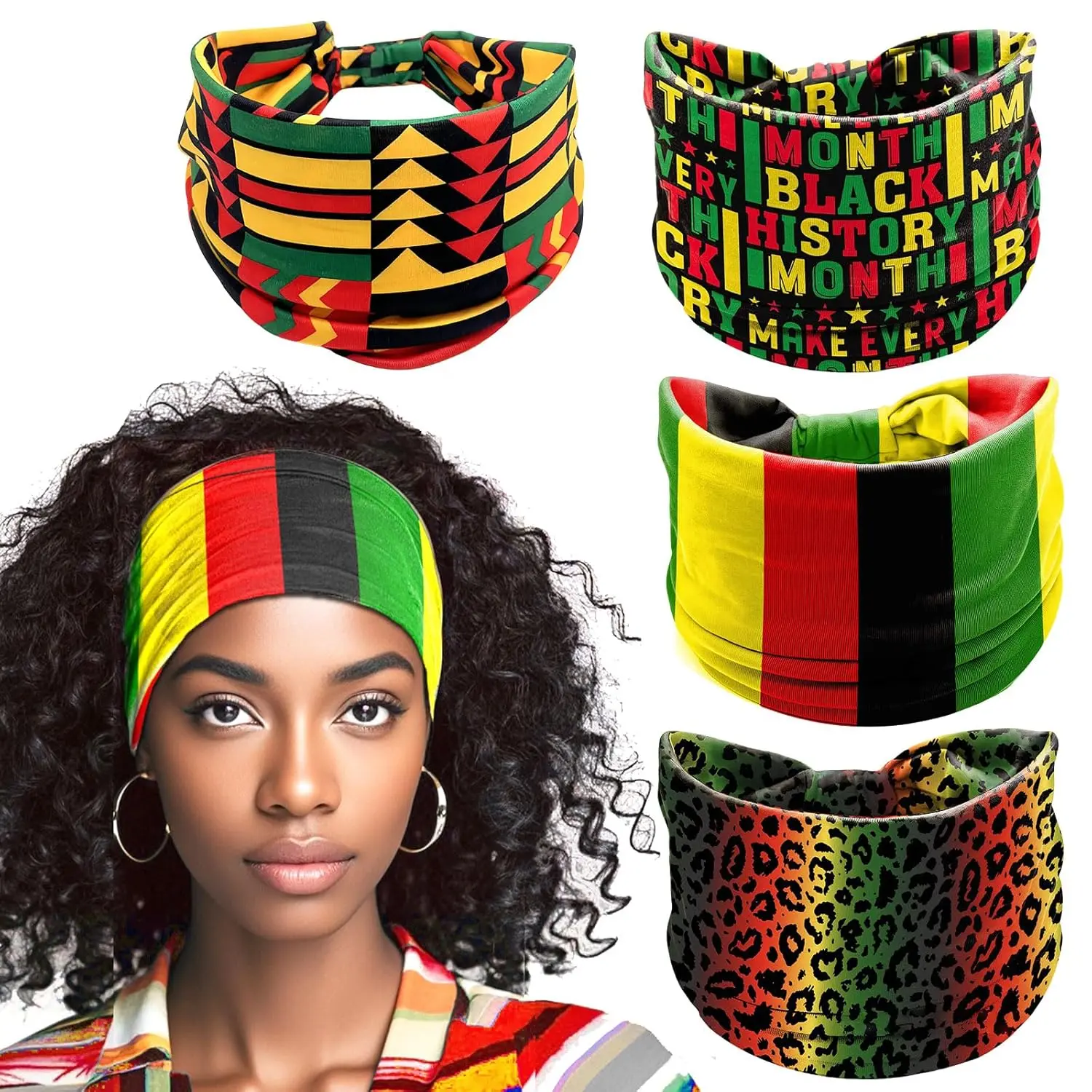 4 count Juneteenth Headband for Women Satin Wide Stretch Head Wrap,   Pride Elastic Hair Band for  Hair, Braids, Locs, Black Red Green Yellow Heritage Print