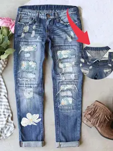 Women's Valentine's Day Patch Ripped Distressed Mid-Waist Boyfriend Fit Washed Floral Print Loose Denim Jeans Elastic Waistband Breathable Comfort Fabric All Seasons Wear