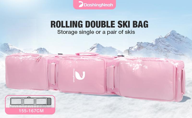 Rolling Ski Bags with Wheel, 155cm-175cm Padded Waterproof Snowboard Bag for Air Travel, Fits Single Ski & Skis with 3 Separation Storage, Unisex Adjustable Length, Pink